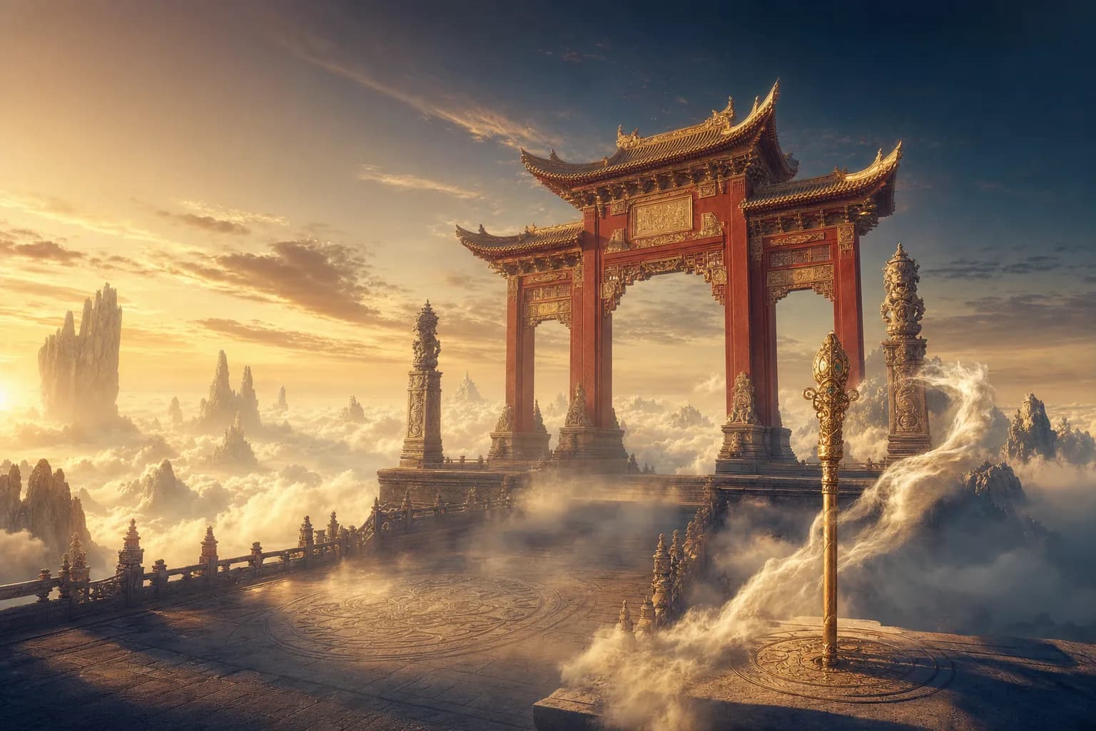 孫行者主題示意圖:雲海之上的南天門與插在雲台上的金色法杖(原創插畫,非遊戲實際畫面)